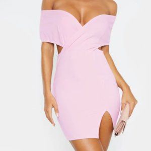 DUSTY LILAC BARDOT THIGH SPLIT BODYCON DRESS
